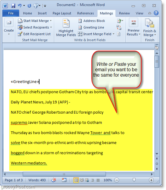 Az Outlook 2010 képernyőképe - írja a tömeges e-mail tartalmat