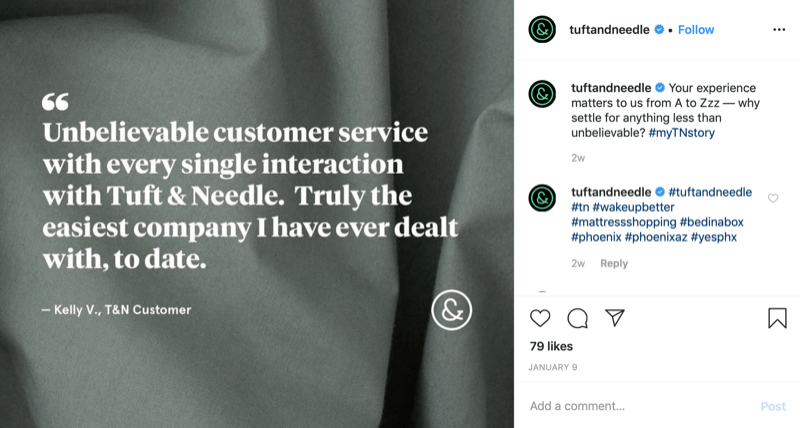 vevői ajánlat grafika a Tuft és a Needle Instagram fiókból
