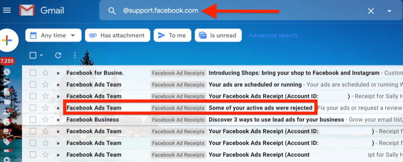példa a @ support.facebook.com gmail szűrőjére az összes facebook hirdetés e-mail értesítésének elkülönítésére