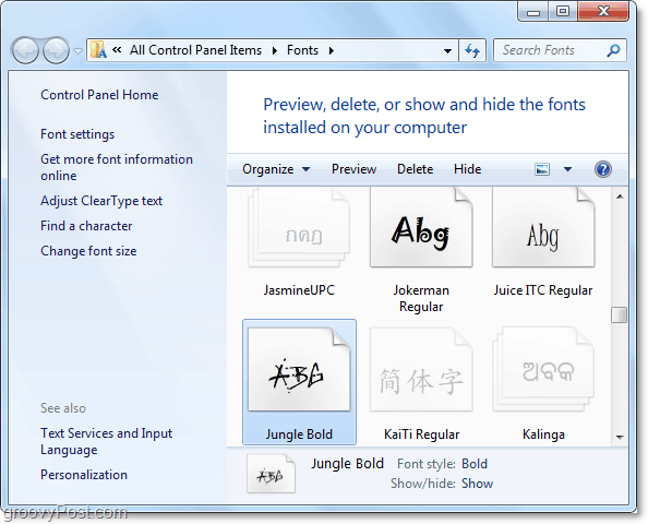 a Windows 7 betűtípus-kezelőpanel figyelmen kívül hagyása