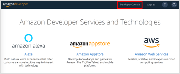 Kattintson a Fejlesztői konzol gombra az Amazon fejlesztői fiók beállításához.