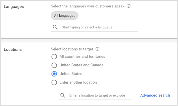 Nyelv- és helybeállítások a Google AdWords kampányhoz.