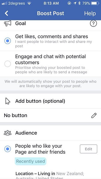 A Facebook most azt kérdezi, hogy mik a marketingesek céljai, amikor növelik a bejegyzést.