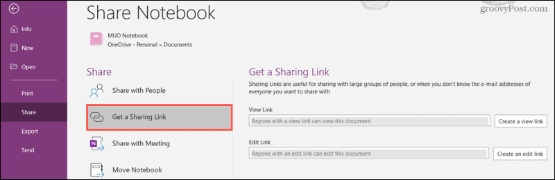 Megosztási link beszerzése a OneNote asztalon