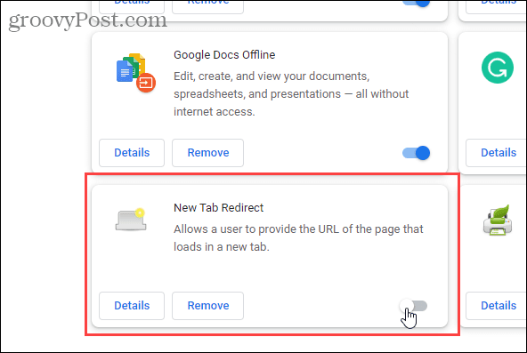 Tiltsa le az Új lap átirányítása bővítményt a Chrome-ban