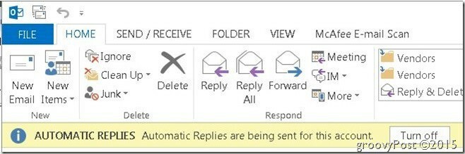 Az Outlook automatikus válaszai jobb felső sarokban