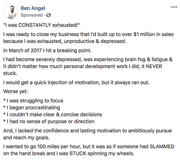 Hosszabb formájú, szöveges alapú Facebook által támogatott bejegyzések írása és felépítése, 1. lépés, Ben Angel backstory nyilatkozatai