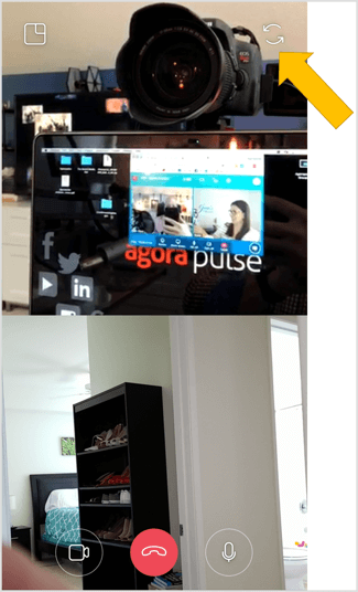 Érintse meg a dupla nyíl ikont a képernyő jobb felső sarkában, hogy az Instagram élő videocsevegés során bármikor átváltson a hátrafelé néző kamerára.