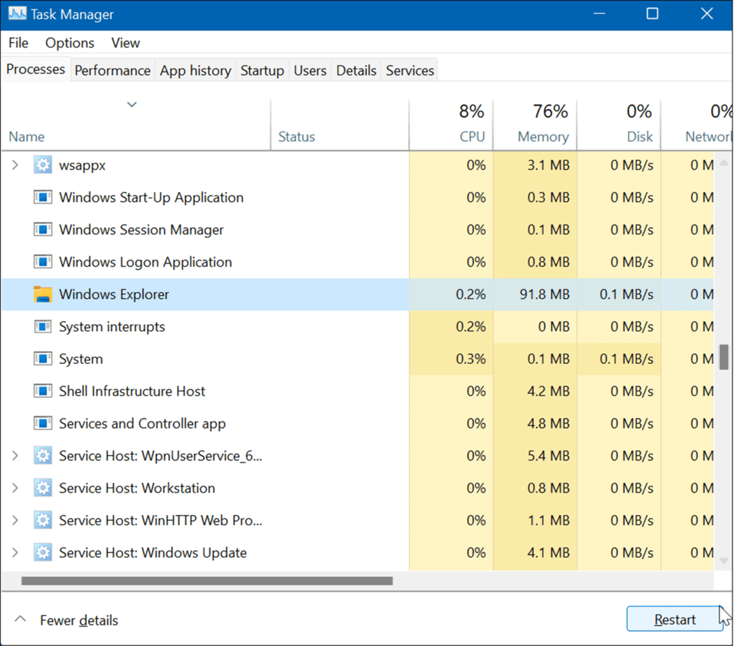 Indítsa újra a Windows Intézőt a tálca beállításainak visszaállítása a Windows 11 rendszerben