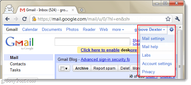gmail mail beállítások legördülő menü