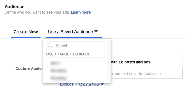 Lehetőség mentett közönség felhasználására egy Facebook vezető hirdetési kampányhoz.