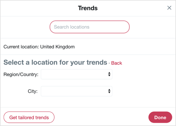 Válassza ki azt az országot és várost, amelyre a Twitter trendekkel összpontosítani kíván.