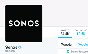 A Sonos Twitter-fiók ellenőrzése megtörtént, és rajta látható a kék Twitter-jelvény.
