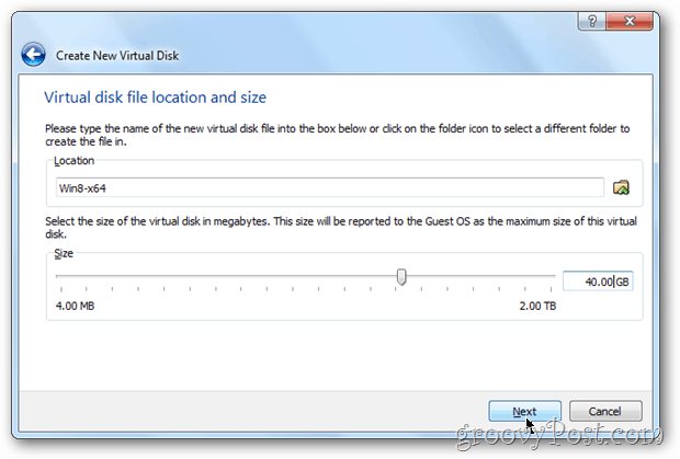 A VirtualBox lemez méretű konfigurációs Windows 8