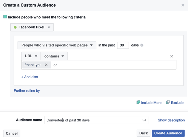 A Facebook korábbi vásárlói közönségének létrehozásához adja hozzá köszönőlapjának URL-jét.