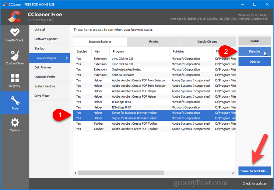 A böngésző pluginek kezelése a CCleaner alkalmazásban