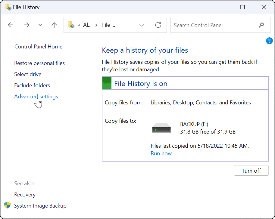 speciális használatú fájltörténet a Windows 11 rendszeren