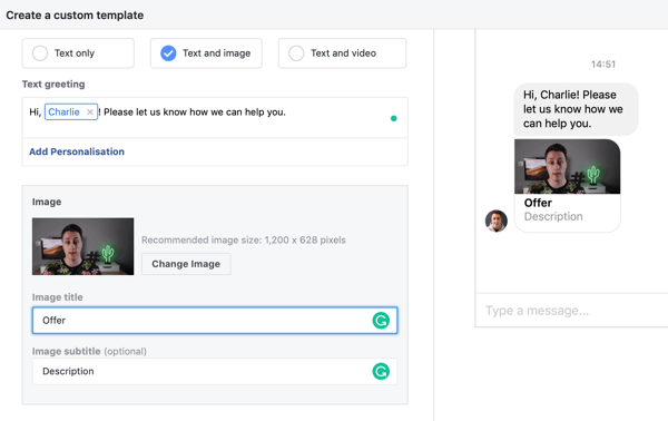 Hogyan célozhatjuk meg a meleg leadeket a Facebook Messenger hirdetésekkel, 11. lépés: Messenger cél egyéni sablon másolási példa