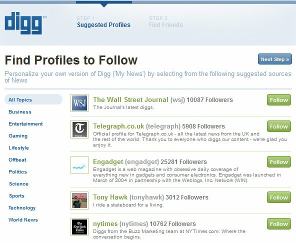 Új Digg bejelentkezés - 1. lépés - Profilok keresése