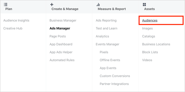 Nyissa meg a Közönségek irányítópultot a Facebook Ads Manager alkalmazásban.