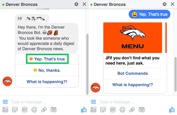 A Denver Broncos chatbot arra kéri a felhasználókat, hogy iratkozzanak fel a napi összefoglalóra.