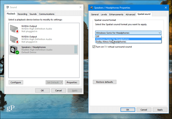 Windows 10 térbeli hangbeállítás