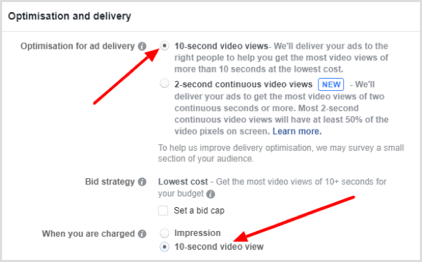 Válassza ki, hogyan szeretné optimalizálni a hirdetésmegjelenítést a Facebook-hirdetése számára.