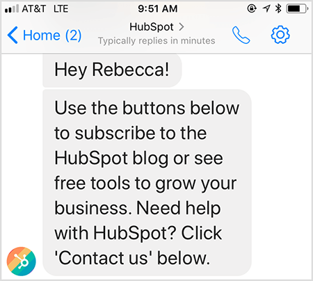 A HubSpot chatbot üdvözlő üzenete lehetővé teszi az emberrel való kapcsolatfelvételt.