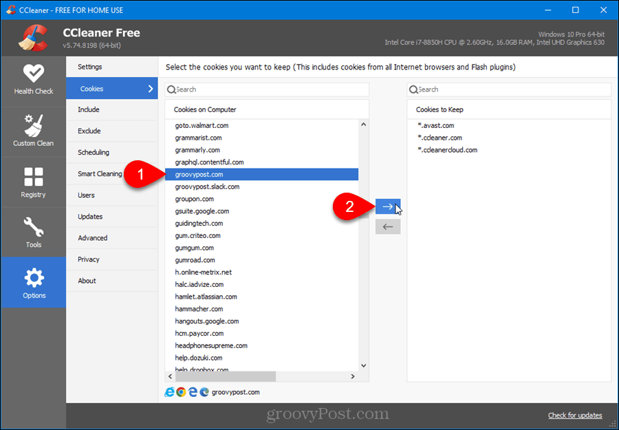 Válassza ki, mely sütiket szeretné megőrizni a CCleaner alkalmazásban