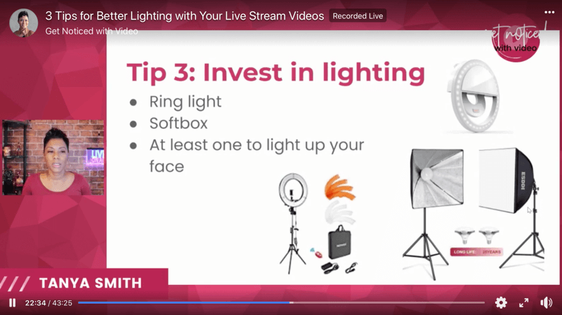 képernyőkép a videó világítási tippekről az élő közvetítés továbbfejlesztése érdekében