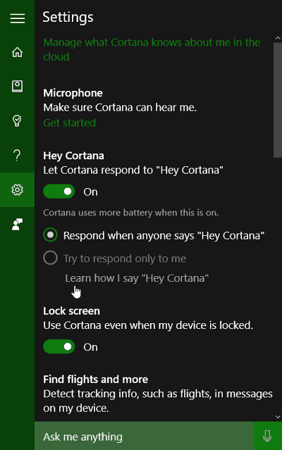 Cortana beállítások