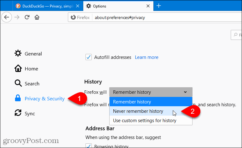 Válassza a Soha nem emlékszik az előzményekre lehetőséget a Firefoxban