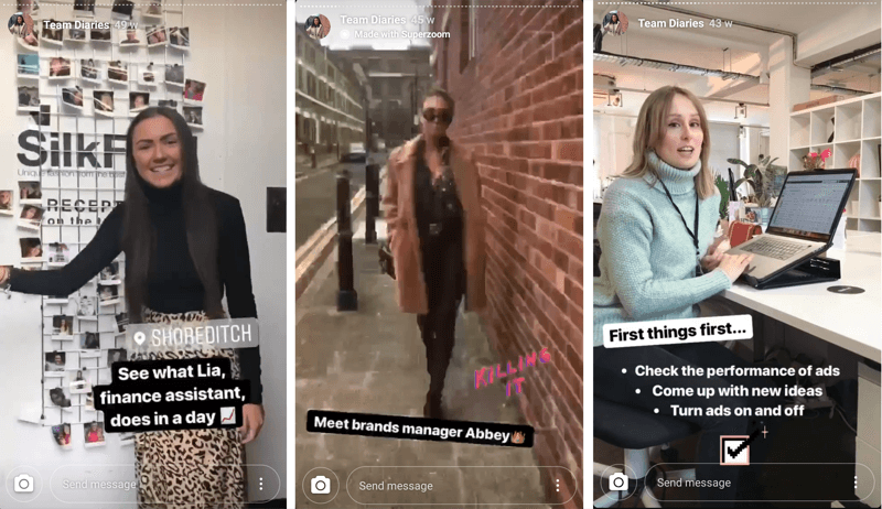 példa az alkalmazottak bemutatására szolgáló Instagram történetre