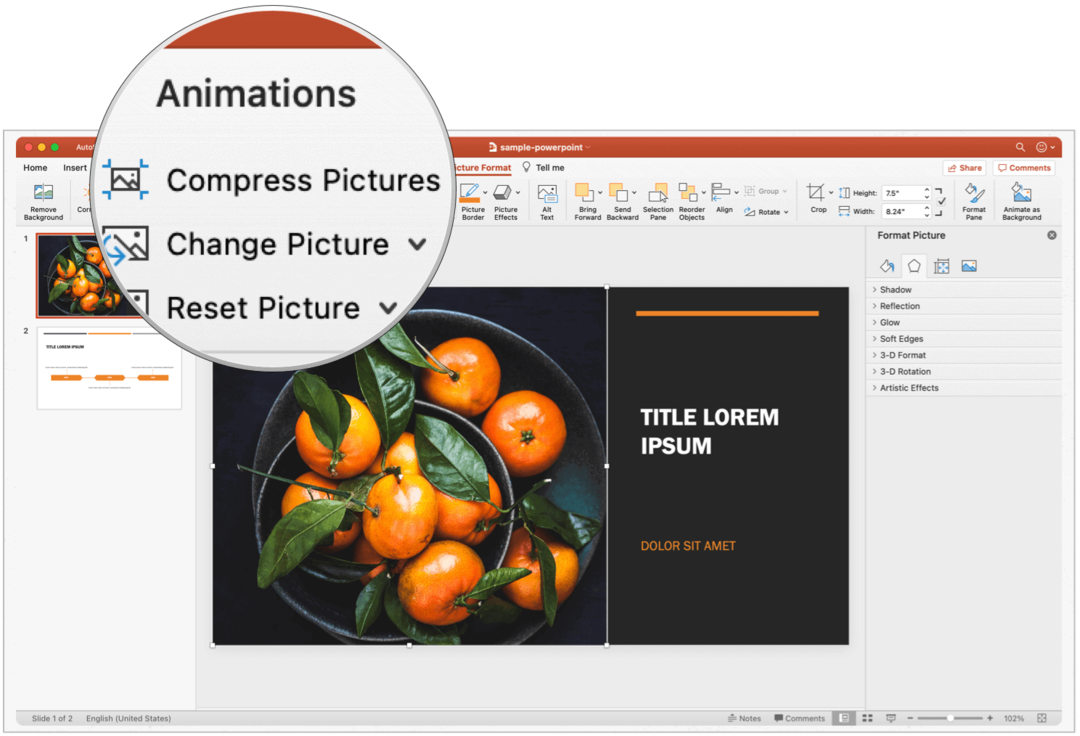 A PowerPoint Mac tömöríti a képeket
