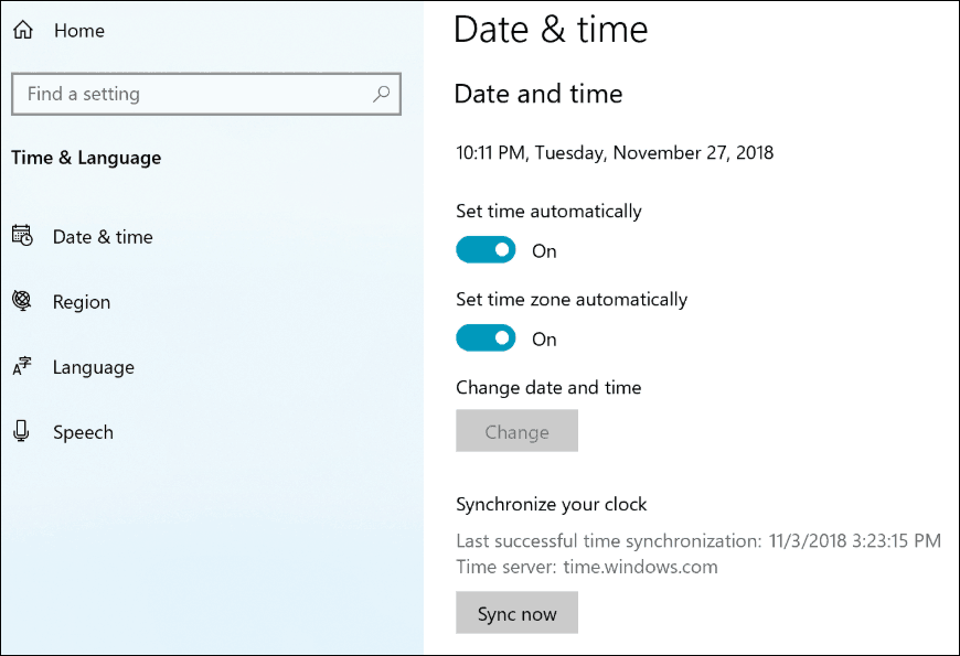 Windows 10 19H1 szinkronizálási óra beállításai