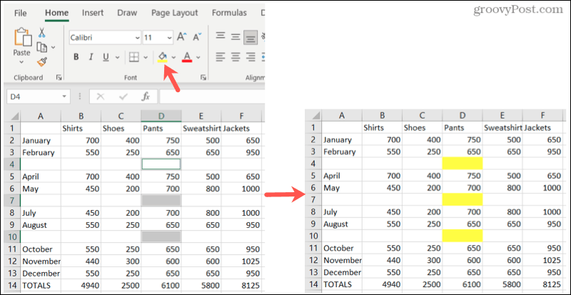 Az üres helyek kiemelése az Excelben