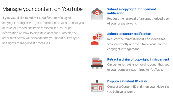 A YouTube eltávolítási eljárásokat követhet, amelyeket követhet, ha valaki megsérti az Ön szerzői jogait.