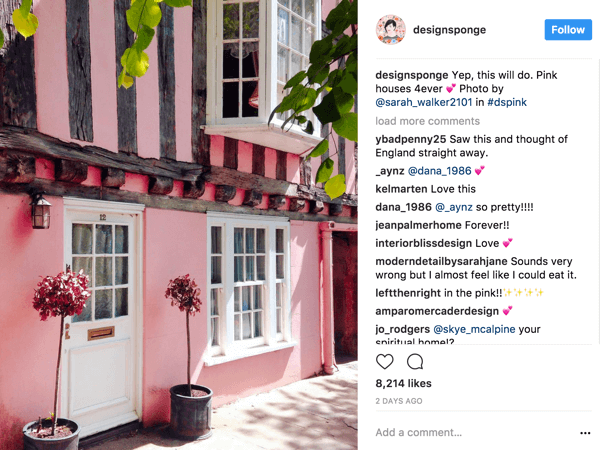 A DesignSponge arra ösztönzi az Instagram követőit, hogy egy folyamatosan változó, témát meghatározó hashtag alapján készítsenek fotókat.