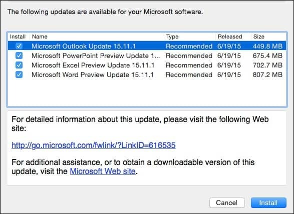 A Microsoft Office 2016 for Mac előzetes frissítése KB3074179