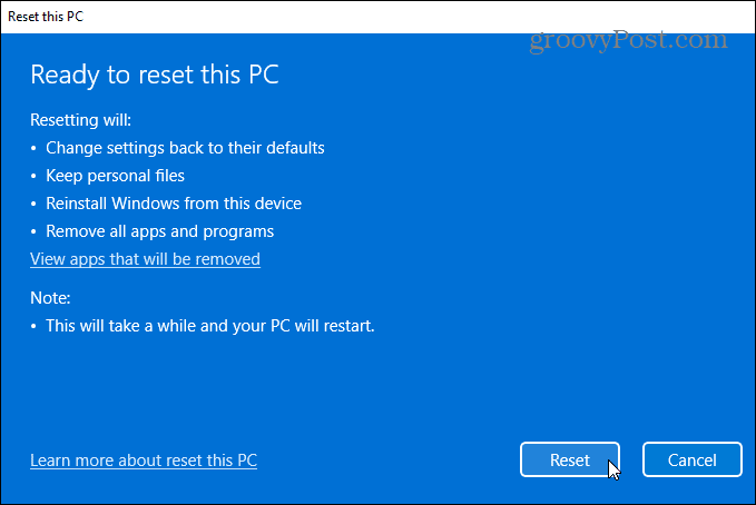készen áll a Windows 11 PC alaphelyzetbe állítására