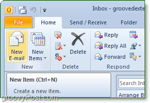 nyissa meg az Office 2010 kilátásait, majd kattintson az új e-mail gombra az otthoni szalagból