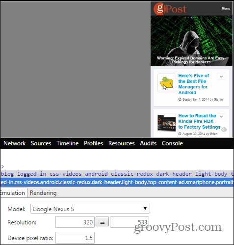A Chrome fejlesztő eszközei az emulációs érzékelők eszköz nexus s