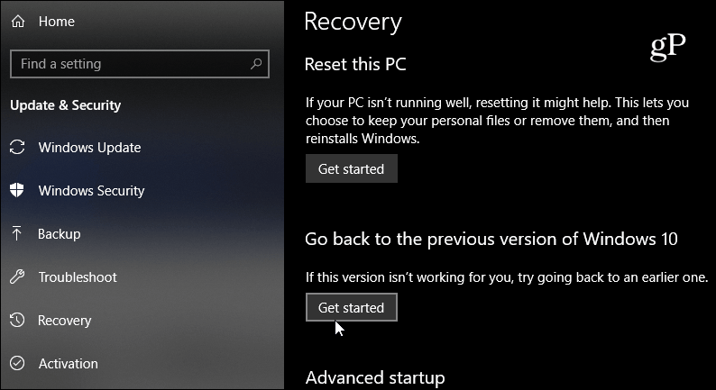 térjen vissza a Windows 10 előző verziójához