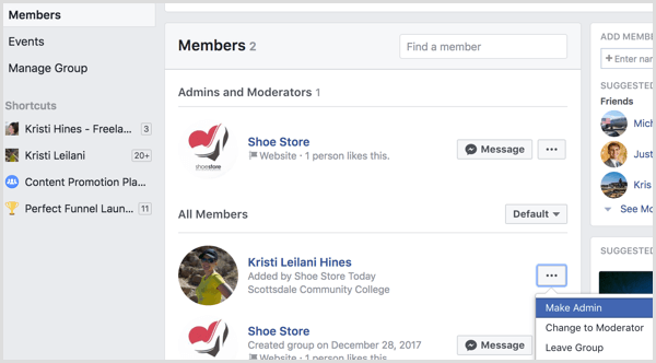 A Facebook hozzáadja a profilt a csoporthoz rendszergazdaként