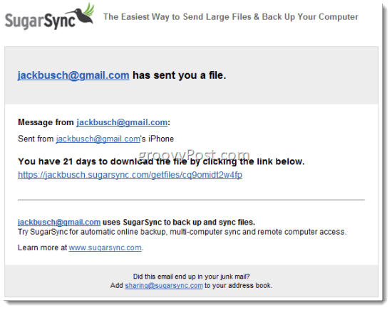 SugarSync Fájlok megosztása e-mailben