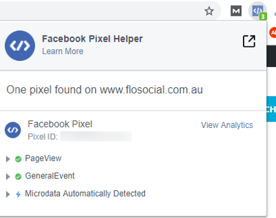 Használja a Facebook eseménybeállító eszközének 12. lépését, a Facebook Pixel Helper bővítmény részleteit egy példa weboldalhoz