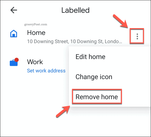 Mentett otthoni cím eltávolítása a Google Maps mobilról