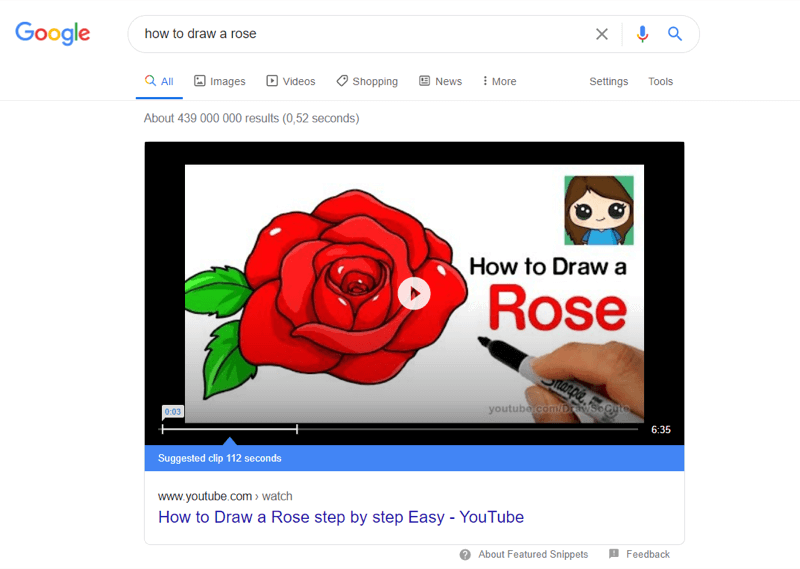 példa a legnépszerűbb YouTube-videókra a Google keresési találatai között a "hogyan kell felhívni a rózsát" kifejezésre
