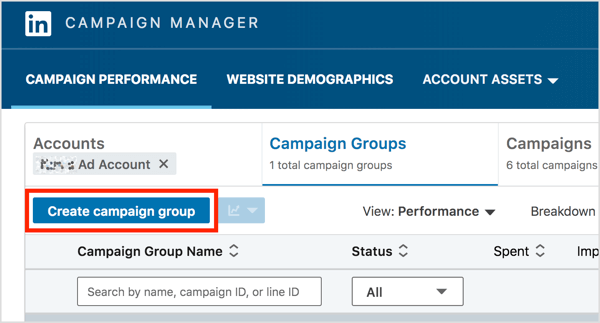 A LinkedIn Campaign Manager Kampánycsoportok lapján kattintson a Kampánycsoport létrehozása gombra.