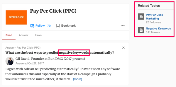 Példa a Quora keresési találatokra, beleértve a „PPC” keresési kifejezést és a „negatív kulcsszavak” kifejezést.